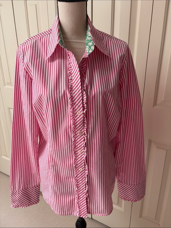 Lilly Pulitzer Tops - Lily Pulitzer Pink and White Striped Ruffle Button-Up Shirt Size 14